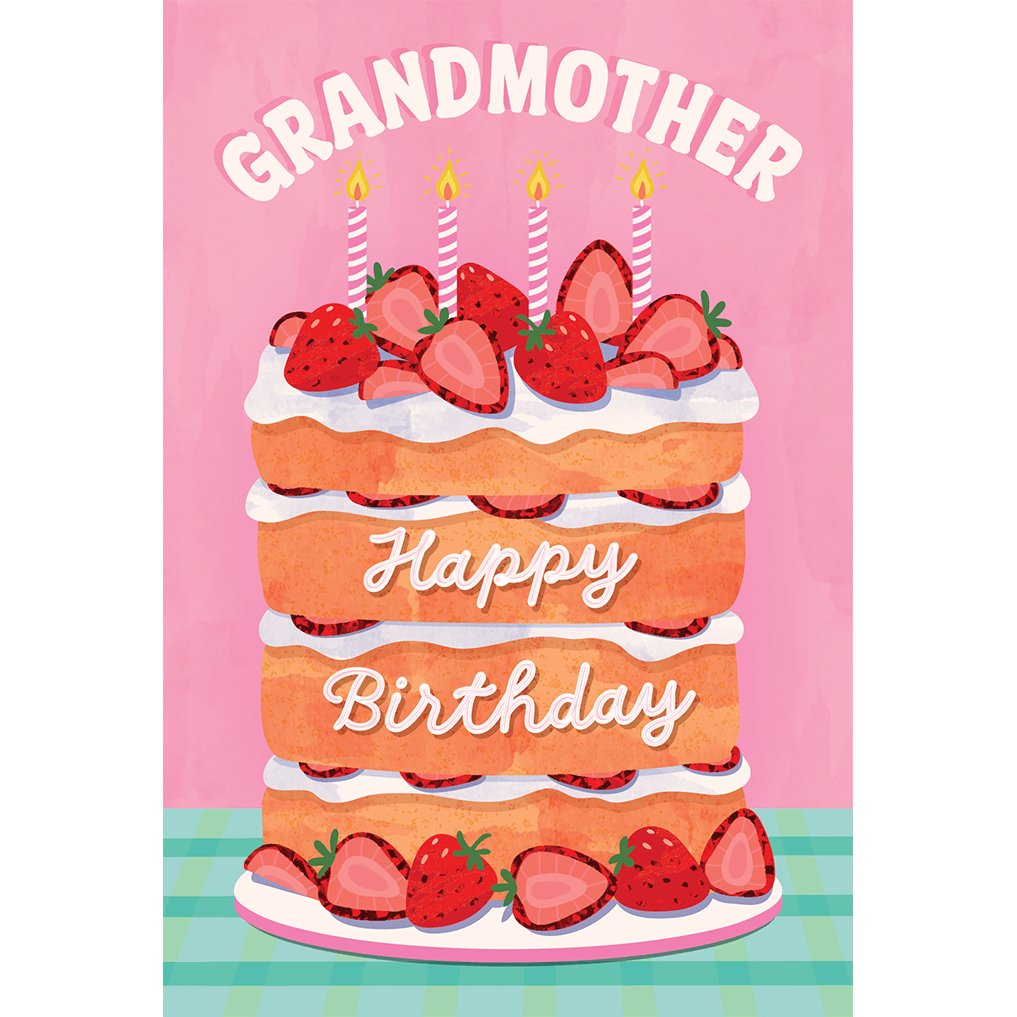 Pictura Strawberry Cake Birthday Card for Grandmother, featuring colorful strawberry cake illustration, perfect for celebrating her birthday.